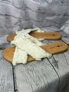 Boho Islandcore Canvas Frayed Criss Cross Resort Summer Slide Sandals‎ GUC 9/10